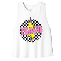 Women Checkered Teach Pencil Lightning Bolt Back To School Women's Racerback Cropped Tank