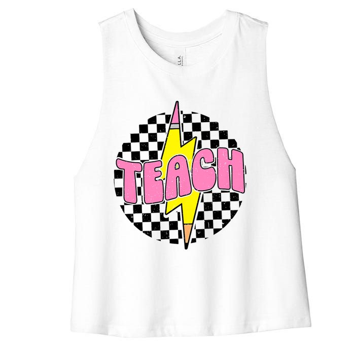 Women Checkered Teach Pencil Lightning Bolt Back To School Women's Racerback Cropped Tank