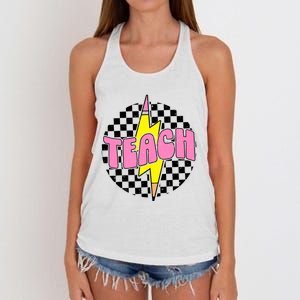 Women Checkered Teach Pencil Lightning Bolt Back To School Women's Knotted Racerback Tank