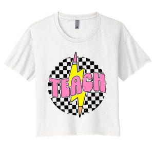 Women Checkered Teach Pencil Lightning Bolt Back To School Women's Crop Top Tee