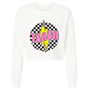 Women Checkered Teach Pencil Lightning Bolt Back To School Cropped Pullover Crew