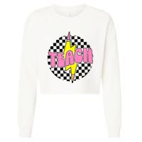 Women Checkered Teach Pencil Lightning Bolt Back To School Cropped Pullover Crew