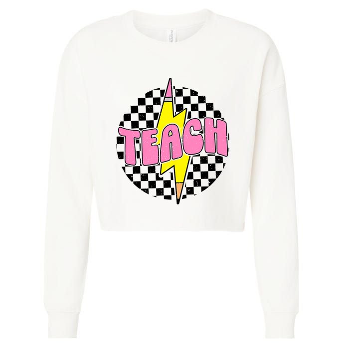 Women Checkered Teach Pencil Lightning Bolt Back To School Cropped Pullover Crew