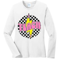 Women Checkered Teach Pencil Lightning Bolt Back To School Ladies Long Sleeve Shirt