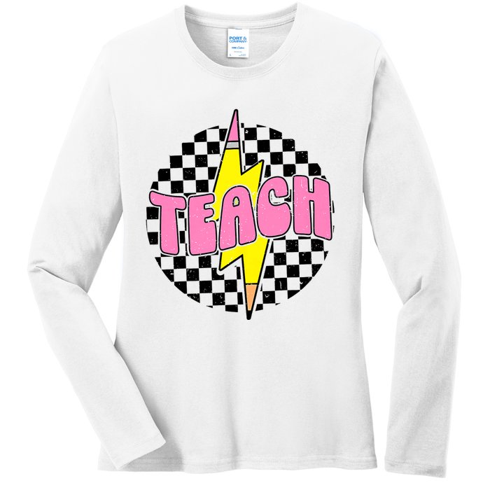 Women Checkered Teach Pencil Lightning Bolt Back To School Ladies Long Sleeve Shirt