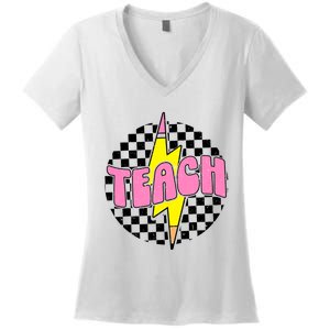 Women Checkered Teach Pencil Lightning Bolt Back To School Women's V-Neck T-Shirt