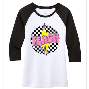 Women Checkered Teach Pencil Lightning Bolt Back To School Women's Tri-Blend 3/4-Sleeve Raglan Shirt