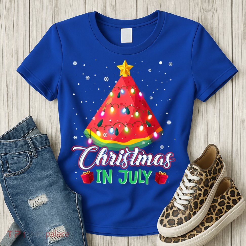 Watermelon Christmas Tree Christmas In July Summer Vacation Womens T-Shirt