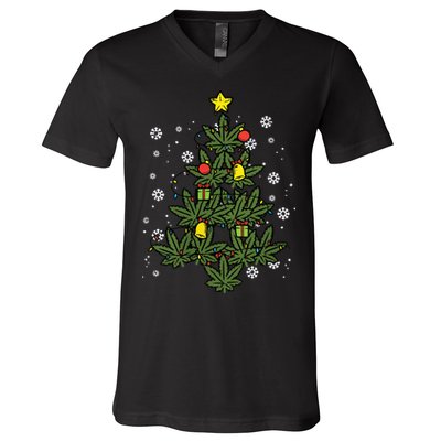 Weed Christmas Tree Xmas Pj 420 Cannabis Marijuana Pot V-Neck T-Shirt
