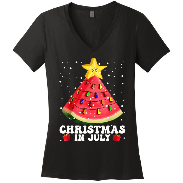 Watermelon Christmas Tree Christmas In July Summer Vacation Women's V-Neck T-Shirt