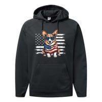 Welsh Corgi USA Flag 4th Of July Dog Dad Fathers Day Performance Fleece Hoodie