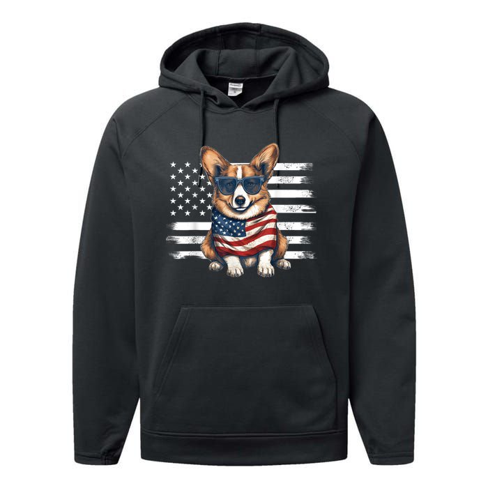 Welsh Corgi USA Flag 4th Of July Dog Dad Fathers Day Performance Fleece Hoodie