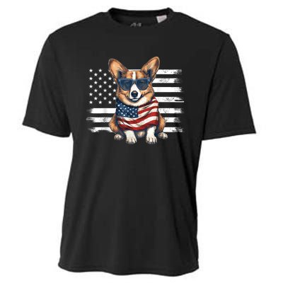 Welsh Corgi USA Flag 4th Of July Dog Dad Fathers Day Cooling Performance Crew T-Shirt