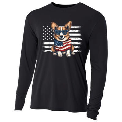 Welsh Corgi USA Flag 4th Of July Dog Dad Fathers Day Cooling Performance Long Sleeve Crew