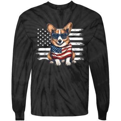 Welsh Corgi USA Flag 4th Of July Dog Dad Fathers Day Tie-Dye Long Sleeve Shirt