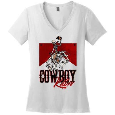 Western Cowboy Vintage Punchy Cowboy Killers Skeleton Women's V-Neck T-Shirt