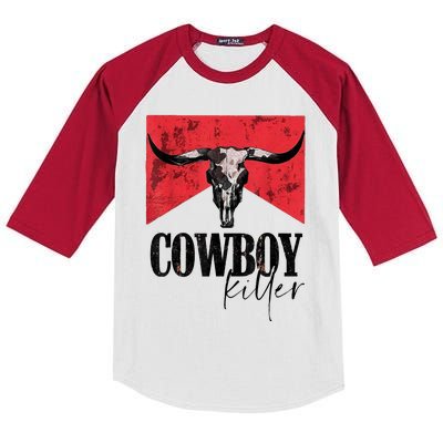 Western Cowgirl Vintage Punchy Cowboy Killers Bull Horn Kids Colorblock Raglan Jersey