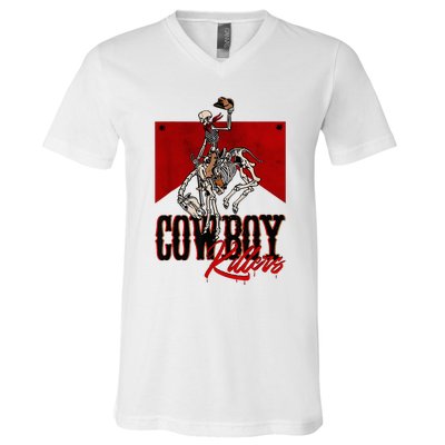 Western Cowboy Vintage Punchy Cowboy Killers Skull Skeleton V-Neck T-Shirt