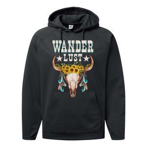 Wanderlust Country Western Boho Cow Skull Adventure Performance Fleece Hoodie