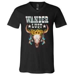 Wanderlust Country Western Boho Cow Skull Adventure V-Neck T-Shirt