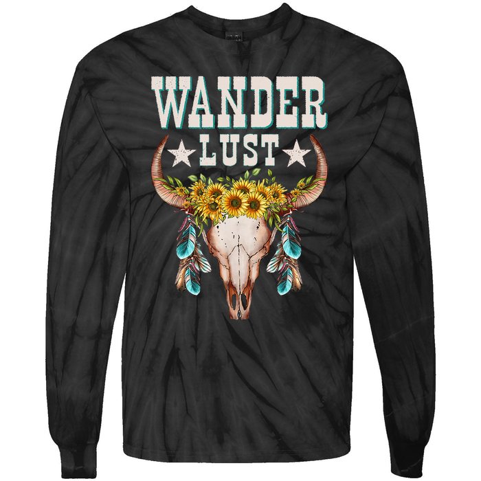 Wanderlust Country Western Boho Cow Skull Adventure Tie-Dye Long Sleeve Shirt