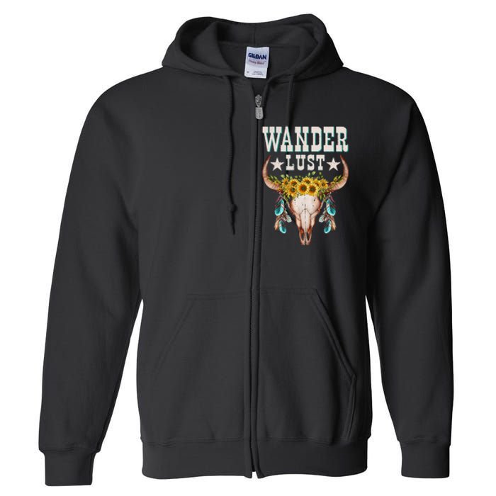 Wanderlust Country Western Boho Cow Skull Adventure Full Zip Hoodie