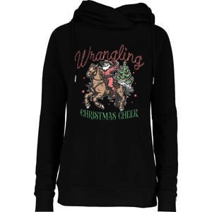 Western Christmas Wrangling Christmas Cheer Cowboy Santa Womens Funnel Neck Pullover Hood