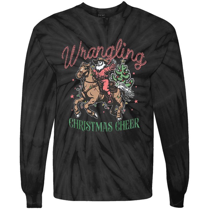 Western Christmas Wrangling Christmas Cheer Cowboy Santa Tie-Dye Long Sleeve Shirt