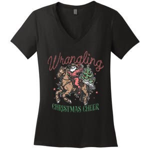 Western Christmas Wrangling Christmas Cheer Cowboy Santa Women's V-Neck T-Shirt