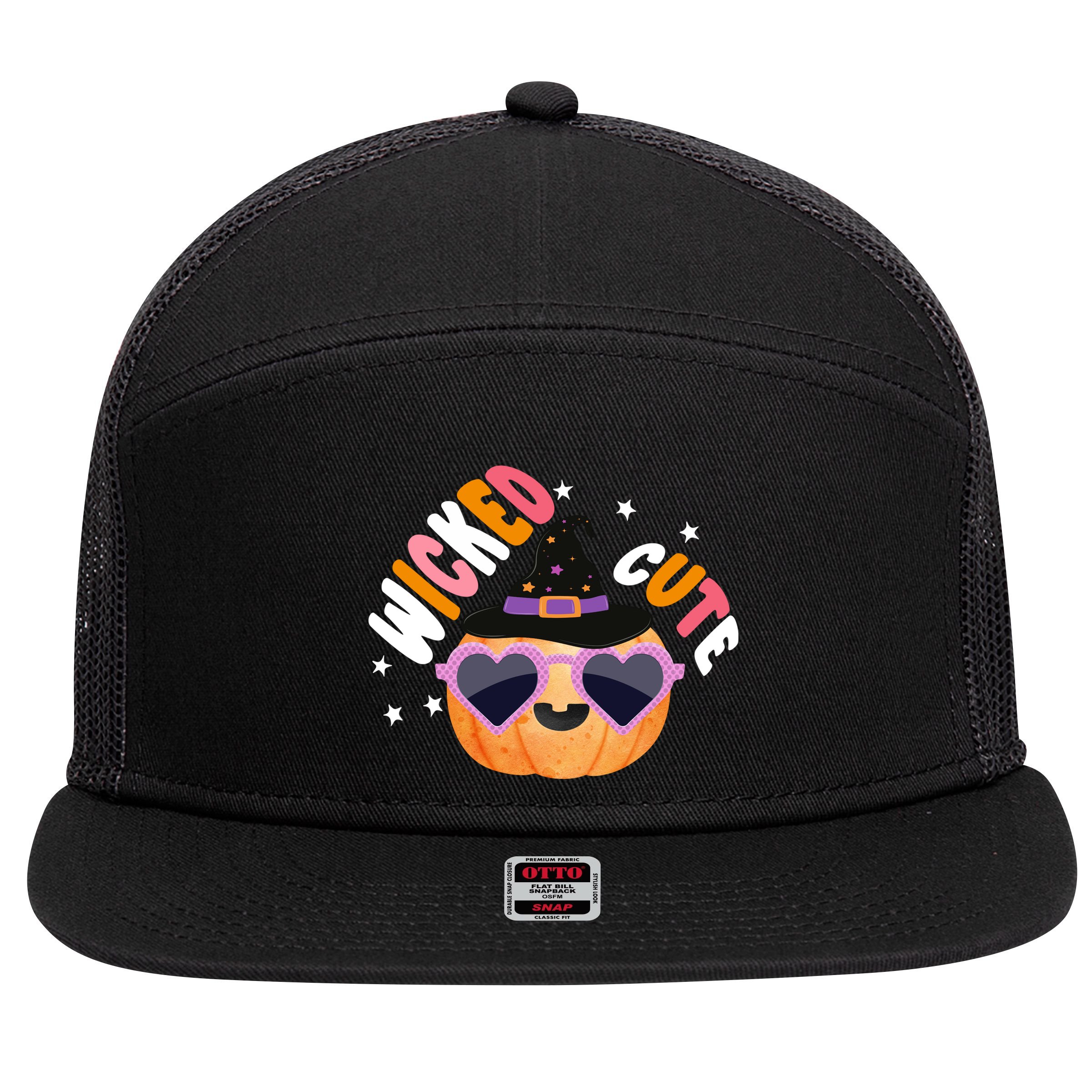 Wicked Cute Witch Halloween Pumpkin 7 Panel Mesh Trucker Snapback Hat