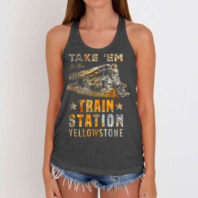 Western Country Yellowstone Take Em To The Train Station Women's Knotted Racerback Tank