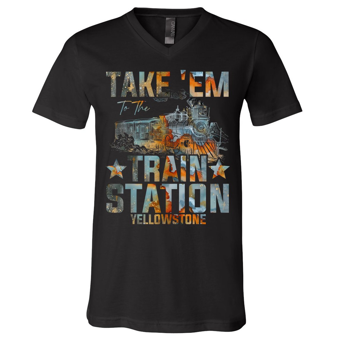 Western Country Yellowstone Take Em To The Train Station V-Neck T-Shirt