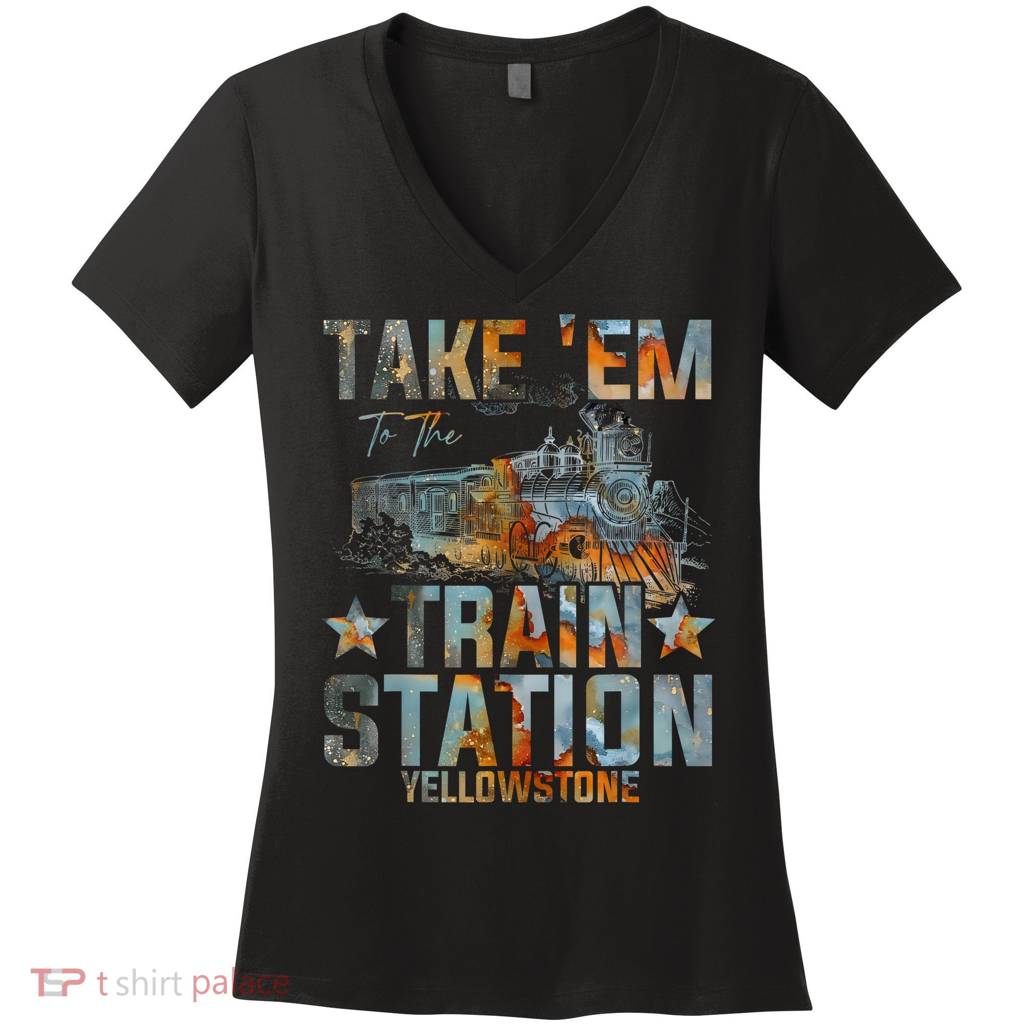 Western Country Yellowstone Take Em To The Train Station Women's V-Neck T-Shirt