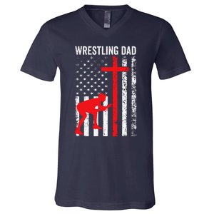 Wrestling Dad American Flag Wrestling Dad V-Neck T-Shirt