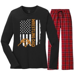 Wrestling Dad American Flag 4th Of July Father’S Day Women's Long Sleeve Flannel Pajama Set 