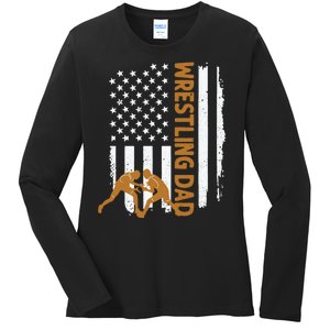 Wrestling Dad American Flag 4th Of July Father’S Day Ladies Long Sleeve Shirt