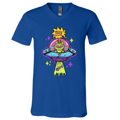 We Dont Come In Peace Space Cosmic Cat Ufo Alien Abduction Gift V-Neck T-Shirt