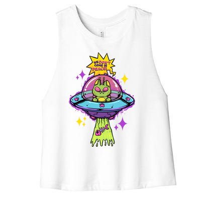 We Dont Come In Peace Space Cosmic Cat Ufo Alien Abduction Gift Women's Racerback Cropped Tank