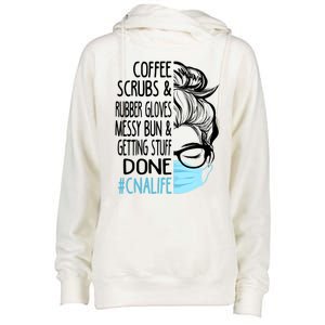 Wo Dy Coffee Scrubs And Rubber Gloves Messy Bun Cna Gift Womens Funnel Neck Pullover Hood