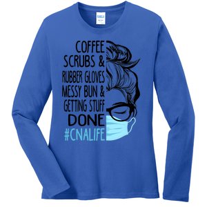 Wo Dy Coffee Scrubs And Rubber Gloves Messy Bun Cna Gift Ladies Long Sleeve Shirt