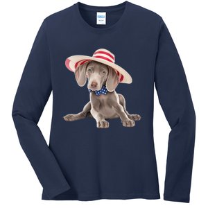 Weimaraner Dog Cute Weimaraners Puppy USA Flag Hat Ladies Long Sleeve Shirt