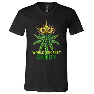 Worlds Dopest Daddy Men Dad Cannabis 420 Weed Fathers Day V-Neck T-Shirt