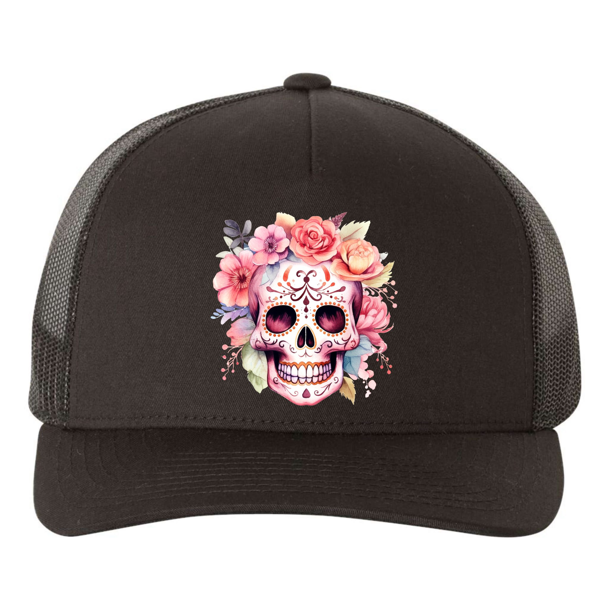 Watercolor Dia De Los Muertos Day Of The Dead Sugar Skull Yupoong Adult 5-Panel Trucker Hat