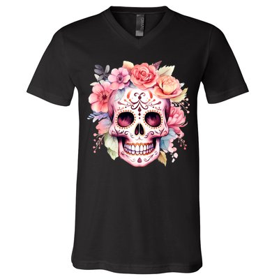 Watercolor Dia De Los Muertos Day Of The Dead Sugar Skull V-Neck T-Shirt