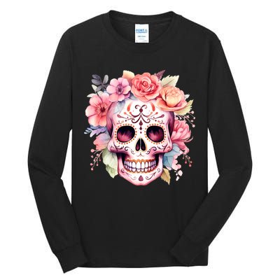 Watercolor Dia De Los Muertos Day Of The Dead Sugar Skull Tall Long Sleeve T-Shirt