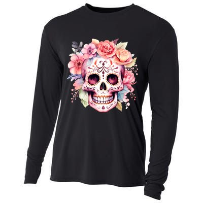 Watercolor Dia De Los Muertos Day Of The Dead Sugar Skull Cooling Performance Long Sleeve Crew