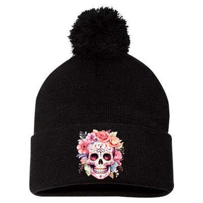 Watercolor Dia De Los Muertos Day Of The Dead Sugar Skull Pom Pom 12in Knit Beanie