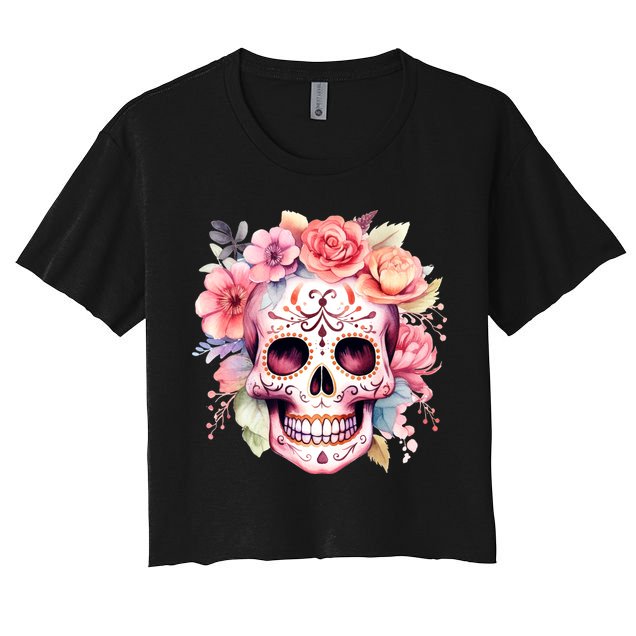 Watercolor Dia De Los Muertos Day Of The Dead Sugar Skull Crop Top