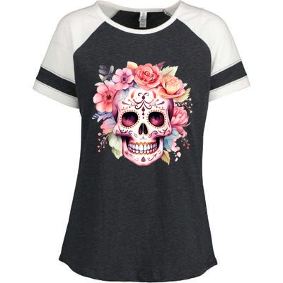 Watercolor Dia De Los Muertos Day Of The Dead Sugar Skull Enza Ladies Jersey Colorblock Tee