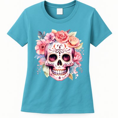 Watercolor Dia De Los Muertos Day Of The Dead Sugar Skull Womens T-Shirt